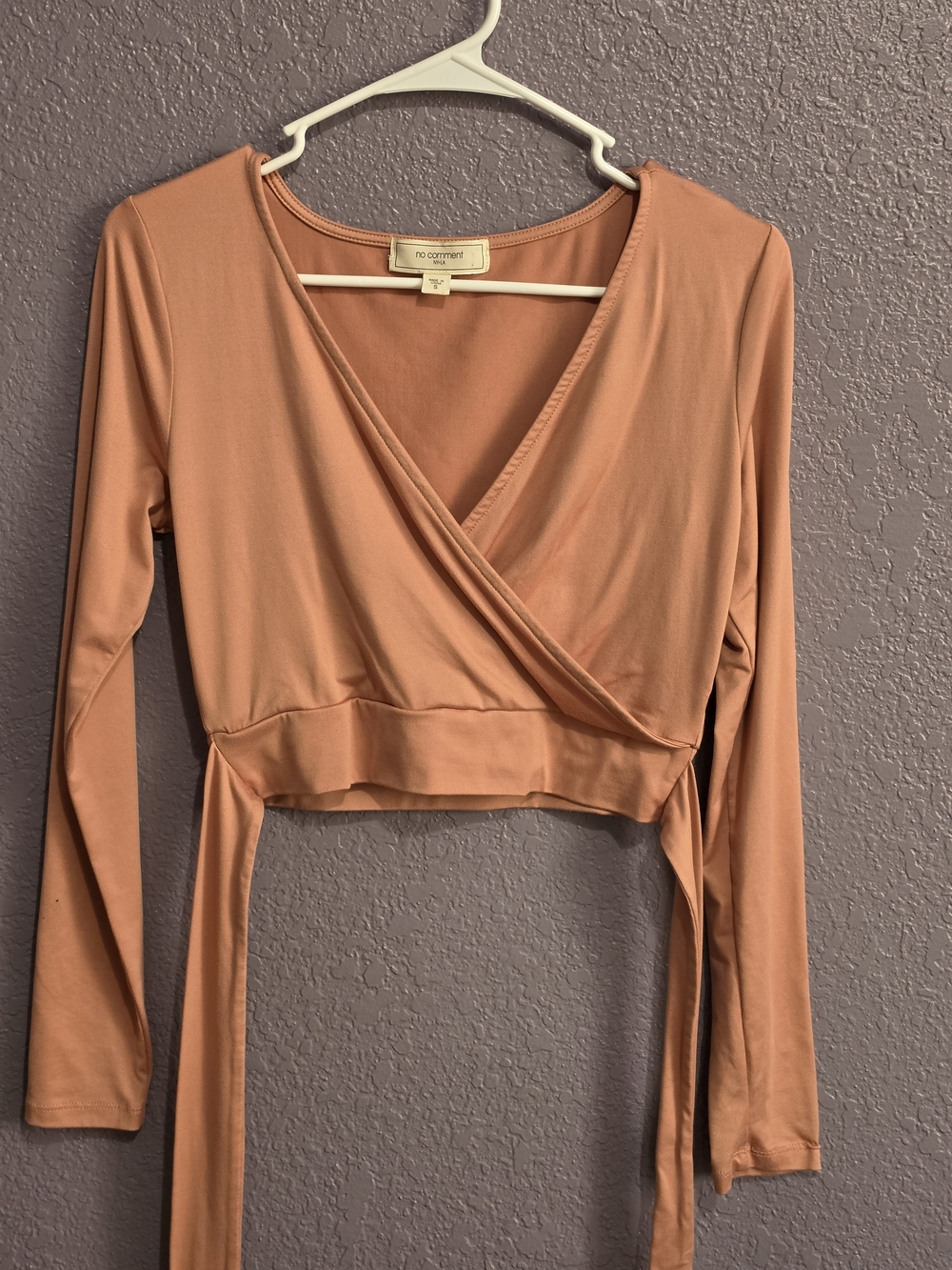 No Comment Peach Surplice Wrap Crop Top - Long Sleeve